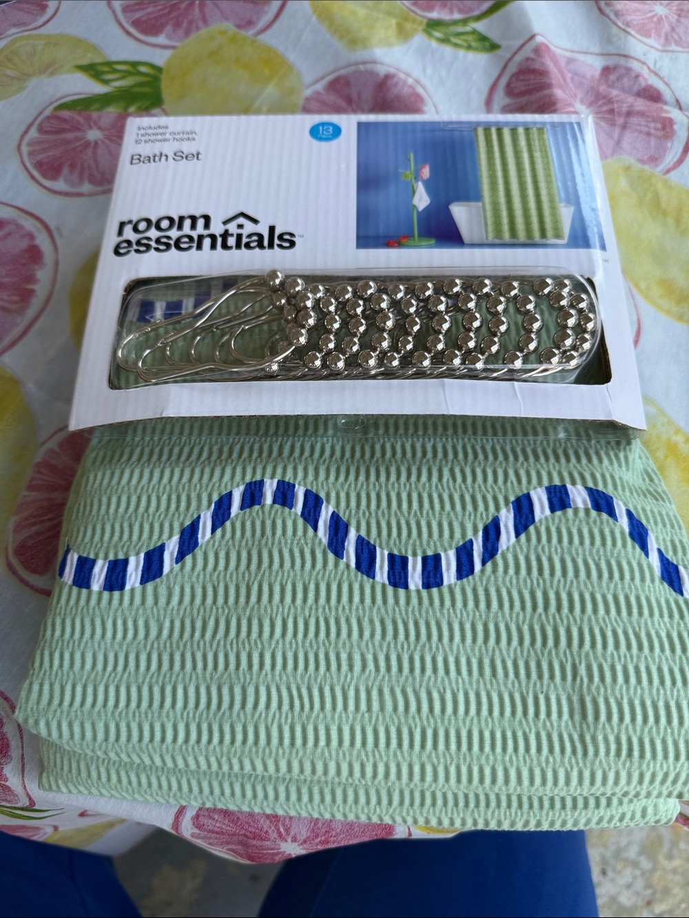 NWT Shower Curtain with Blue Wave & light green textured 72” x 72”